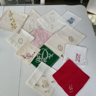 Vintage Hankies Lot Of 13 ASSORTED MONOGRAMS -white & color &   (1) name "HELEN" - Image 1 of 4