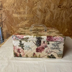 Vintage Quilted Sewing Box Floral Pink Roses Inside Tray w/ Contents 4a - Picture 1 of 6