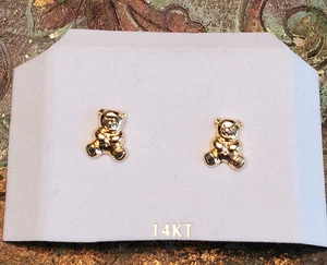 14K Yellow Gold Teddy Bear Stud Earrings Made in Canada Pierced w 14K Backs Also - Picture 1 of 24