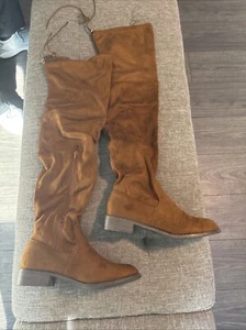 Women’s Thigh High boots size 11 Brown Flat Heel , Ties Top, Side Zipper Olympia - Picture 1 of 7