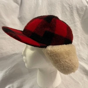 VTG Banana Republic Wool Plaid SheepSkin Ear Flap Trapper Hat Cap Red Size S/M - Picture 1 of 12