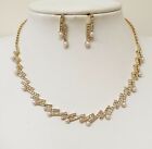 Wedding Party Pearls Necklace Earrings  Set Gold Colour Shining Rhinestones 