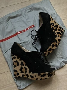 PRADA Black Suede Peep-Toe Lace Up Leopard Calf Hair Wedge Pumps Size 39.5 - Picture 1 of 12