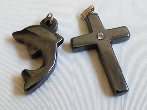 Lot of 2 hand carved Hematite stone Dolphin & Cross Pendant Charm - Picture 1 of 3