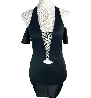 Black Halter Neck Mini Dress Lace Up Front Cold Shoulder Women’s UK Size 8 - Image 1 of 4