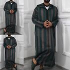 Men Robe Clothes Striped Summer Thobe Arabic V Neck Caftan Vintage Hooded
