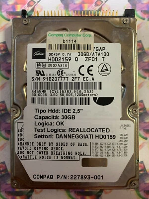 Hard Disk Usato IDE 2,5" 30GB TOSHIBA MK3017GAP HDD2159 Q ZF01 T 227893-001  - Immagine 1 di 4