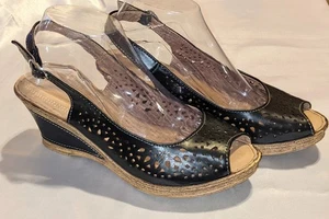 Patrizia by Spring Step Black Laser Cut  Slingback Wedge Heels Size 9 Open Toe - Picture 1 of 10