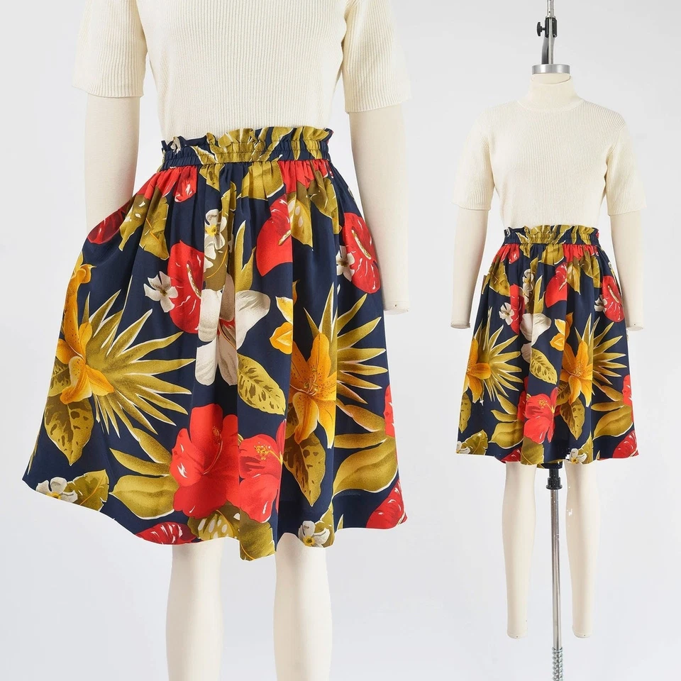 Винтажная 90-х тропический цветочный шелк эластичный пояс полный мини юбка с карманами M - Изображение 1 из 4