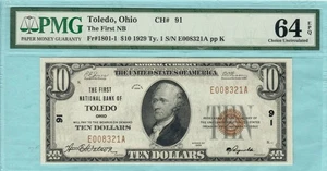 Toledo OHIO Charter 91 First Nat'l Bank Toledo $10 29-1 CU-64(PMG) EPQ Ch Unc - Picture 1 of 4