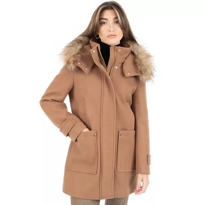 Nine West Faux Fur Trim Hooded Womens Parka Camel Wool Blend Zip Snap Sz XL NWOT - Image 1 of 4