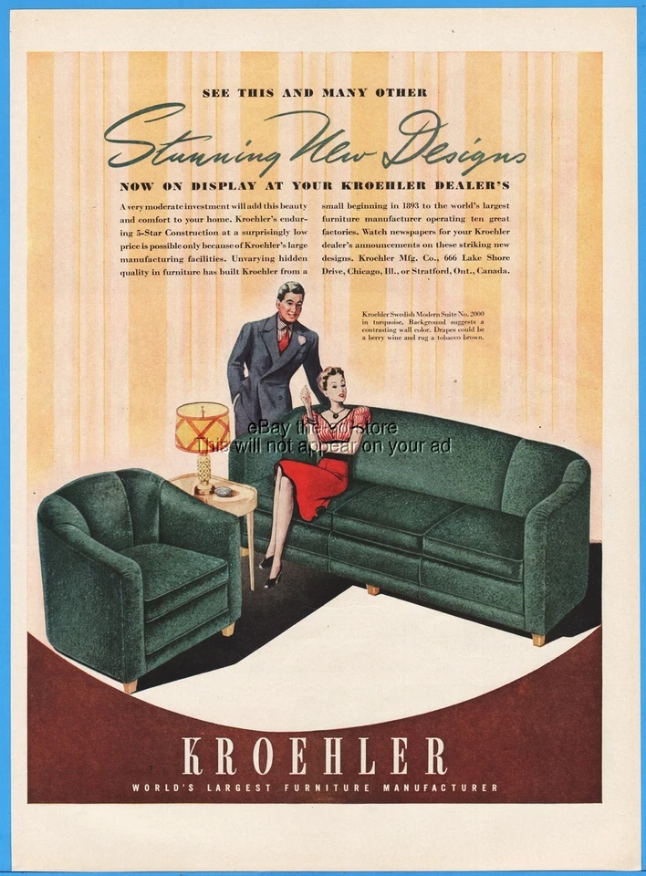 1939 Kroehler Furniture Swedish Modern Living Room Suite 2000 Sofa Arm Chair Ad - Image 1 of 1