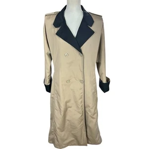 Misty Harbor Trench Coat Women Petite Size 12 Tan Black Lined Vintage Raincoat - Picture 1 of 13