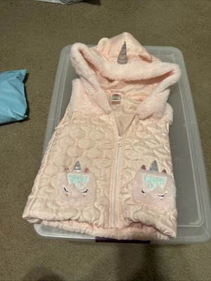 Little Lass Pink Quilted Lined Unicorn Winter Hood Vest Glitter Accents Girl 4t - Image 1 of 4