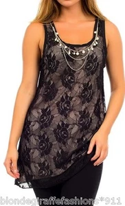 Black/Champagne Lined Lace Overlay Sleeveless/Tank Top w/ Necklace S M L - Picture 1 of 3