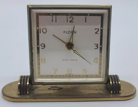 Vintage Working FLORN Germany 8 Day Deco Alarm Desk Clock with Luminous Hands Cover
