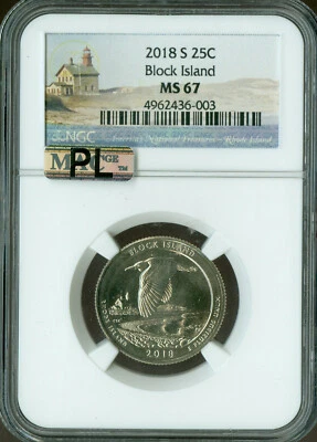 2018 S BLOCK ISLAND QUARTER NGC MS67 PQ MAC PL FINEST GRADE & SPOTLESS  . - Image 1 of 2