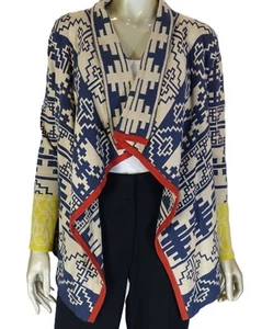 ANTHROPOLOGIE THML~MINT!!~OPEN FRONT WATERFALL AZTEK DESIGN COTTON CARDIGAN XS - Picture 1 of 9