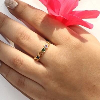 Multi Edelstein Quarz Halbe Ewigkeit Gold Ring für Damen Handgefertigt Schmuck - Bild 1 von 4