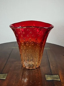 Vintage 1960's Venetian Murano Hand Blown Red And Gold Bullicante Art Glass Vase - Picture 1 of 24