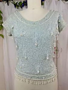 Vtg 60s Helen Wong Lite Blue Beaded Sequin Wool Sweater Short Sleeve Pinup 4/XS - Picture 1 of 8