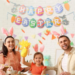 Happy Easter Banner, Bunny Garland with Pom Poms for Happy Easter Decorations Ho - Picture 1 of 12