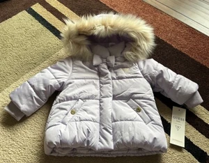 GUESS PURPLE PUFFER COAT HOODED FAUX FUR BABY GIRL SIZE 12M NWT - Picture 1 of 11
