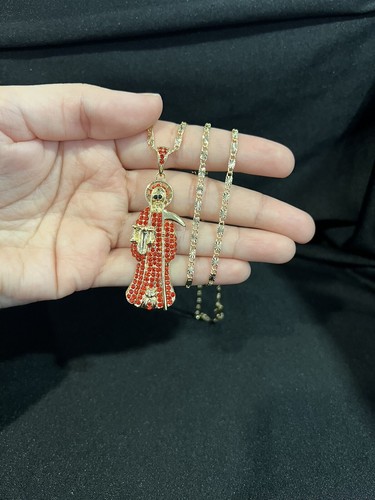 Catena Valentino PIASTRA oro donna uomo zirconi rossi piccola Santa Muerte Grim Reaper