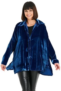 CAMISA PLANET by Lauren G Azul 100% Seda TERCIOPELO E-Z Blusa Abotonada O/S - Imagen 1 de 1