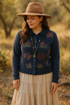 Dress Barn Womans  Cardigan Sweater Small Multicolor Silk Blend Leaves Button Up - Изображение 1 из 4