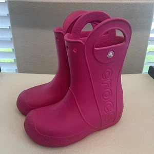 Crocs Handle It Waterproof Pull On Kids Bright Pink Rain Boots Size J1 - Picture 1 of 14