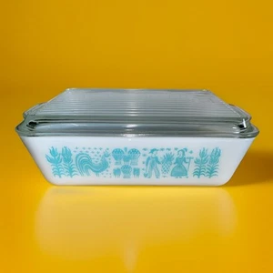 Vtg PYREX Large Refrigerator Dish 503 1.5 BUTTERPRINT TURQUOISE with Lid - NICE! - Picture 1 of 5