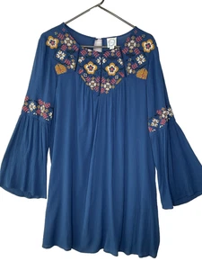Blau Regen bestickt gefüttert Bauern Boho Tunika Bluse Kleid Glockenärmel fließend L - Bild 1 von 9