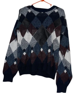 Suéter De Colección Impact Para Hombres Talla M Tejido Argyle Cuero Parches Borde Azul Marino Granate Gris Foto 1 de 4