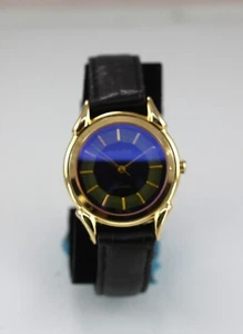 Futura Watch Men Gold Stainless Steel WR Black Leather Battery Green Quartz - Picture 1 of 6