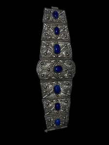 VINTAGE ANTIQUE CANNETILLE SILVER BLUE LAPIS LAZULI FILIGREE PANEL BRACELET - Picture 1 of 2