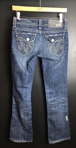 Pantalones de mezclilla MEK Los Angeles Bootcut bolsillos con solapa azul desgastado lavado talla 25 X 30 - Imagen 1 de 12