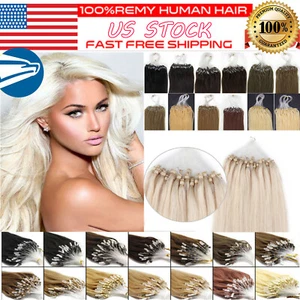 Micro Ring Loop Tip Remy Human Hair Extensions Straight Micro Beads Link Hair US - Picture 1 of 116