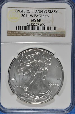 2011 W Burnished 1 OZ Silver American Eagle NGC MS 69 25th Anniversary - Image 1 of 2