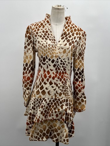 Abito Valentino Boutique donna avorio e marrone manica lunga collo a V taglia 8