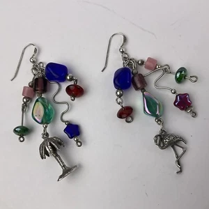 Vtg Artisan Multicolor Art Glass Beads 4 Dangles Earrings Sterling Silver Beachy - Picture 1 of 20