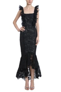 BADGLEY MISCHKA Black Lace Ruffle High/Low Flounce Hem Midi Cocktail Dress 4 = S - Picture 1 of 8