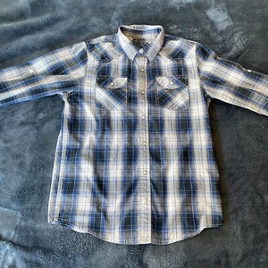 Helix Kids Black/White Blue Plaid Snap Button Up Long Sleeve Collar Shirt XL - Picture 1 of 14