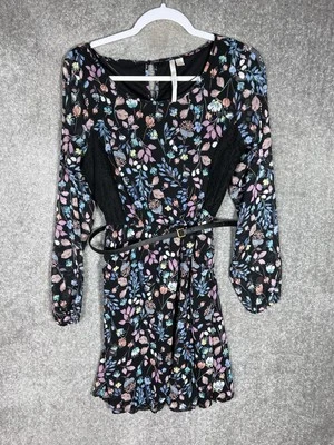 Vestido Lauren Conrad Mujer Talla Mediana Oscuro Floral Transparente Manga Larga Forrado Cinturón Foto 1 de 4