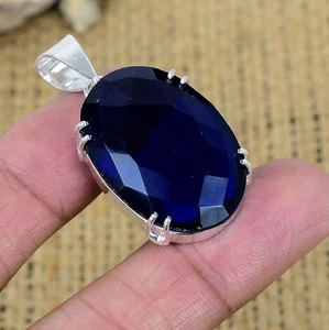 Blue Sapphire Lab-Created Gemstone 925 Sterling Silver Handmade Pendant Jewelry - Picture 1 of 4
