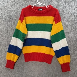Vintage Silver Unicorn Sweater Youth Small Multicolor Striped Knit 1980s 1990s - Picture 1 of 9