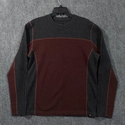prAna Sweater Mens Medium Gray Burgundy Wool Blend Fleece Lined Crewneck Knit - Image 1 of 4