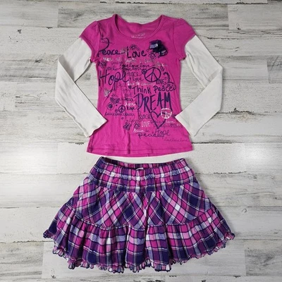 Camisa de ensueño y falda corta a cuadros JUSTICE Girls 10 rosa Peace Love Hope Foto 1 de 4