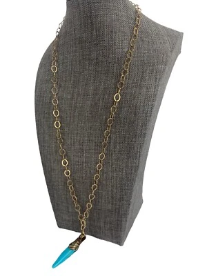 Vtg Horn Tooth Turquoise Color  Gold Necklace Aged Brass Gold Tone Chain 24”+2” - Image 1 of 4