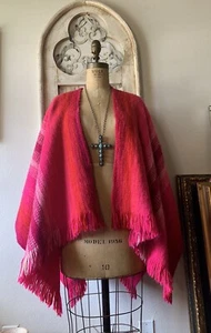 Vintage Hand Woven Wool Poncho Shawl With Fringe Hot Pink - Picture 1 of 15